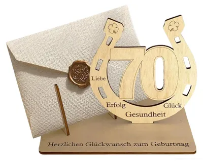 Produktbild von Holzschild zum 70. Geburtstag mit Geldgeschenk und Gästebuch