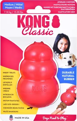 The image shows the packaging of a KONG Classic dog toy, with a product shot and images of a girl and a dog.
