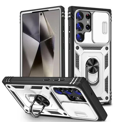 Obrázek produktu pro Pouzdro pro Samsung Galaxy S25 Ultra posuvná ochrana kamery, robustní nárazuvzdorné, s držákem prstenu, stojánkem a držákem na karty Bílý