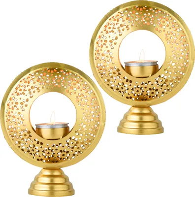 Produktbild von Marrakesch 3er Set Orientalische Deko Aesthetic Teelichthalter aus Metall 16 cm groß | Windlicht Amif als Garten Wohnzimmer Tisch Deko | Exquisite Gold Windlichter Kerzenhalter für Teelichter