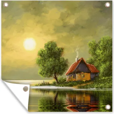 Produktbild von MuchoWow® 100x100 cm Outdoor-Poster Gartendeko Sichtschutz Garten Poster für den Garten  Gemälde - Ölfarbe - Haus - Natur - Wasser