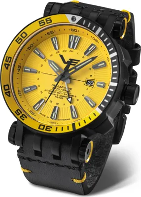 A close-up studio shot of a Vostok Europe watch with a yellow dial and black leather strap.
