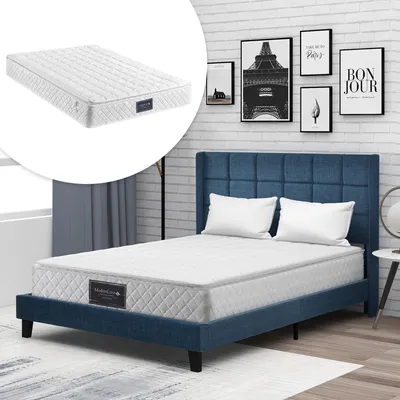 Image de MODFU Lit double 140x200 - Lit rembourré avec sommier à lattes - Lin - Matelas Inclus - Bleu