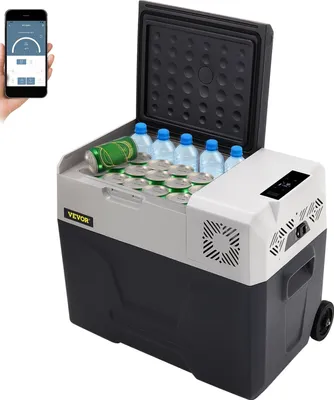 A hand holds a smartphone displaying a temperature control interface, positioned next to an open portable refrigerator filled with cans and bottles.