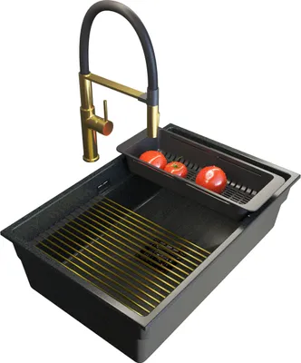 Produktbild von Granitan | Granitspüle EPIR 70 - Schwarz mit Goldsprenkel - Modernes Design - Inkl. Armatur und Syphon