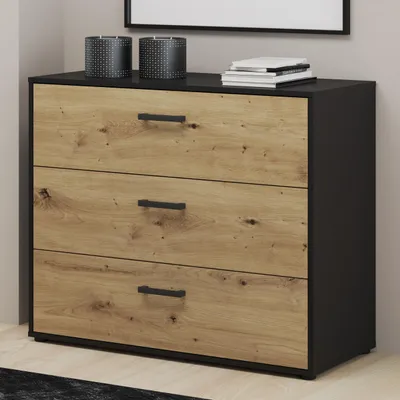 Produktbild von Forte MONISSA Sideboard 100, moderne Kommode, 3 Schubladen, Schlafzimmer, Wohnzimmer, Holzwerkstoff, Artisan Eiche Holzdekor|Schwarz, 97,9 cm breit x 81,7 cm hoch x 41,4 cm tief