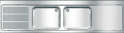 Image de Évier professionnel KWC, modèle MAXIMA, en acier inoxydable, 2 bacs, dimensions 2600 x 432 x 700 mm, avec égouttoir intégré