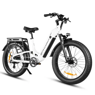 Zdjęcie produktu dla Elektryczny rower fatbike o średnicy opon 26 cali, napęd 48V, bateria 20Ah, 8-biegowa przerzutka Shimano, hydrauliczne hamulce tarczowe, pedelec z dużą pojemnością baterii, przeznaczony do jazdy w terenie i po mieście, kolor: biały