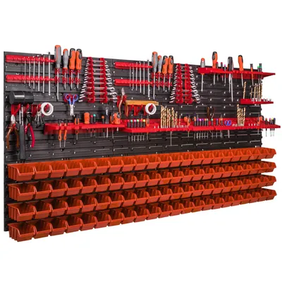 A wall-mounted tool storage system with numerous bins and tool holders.