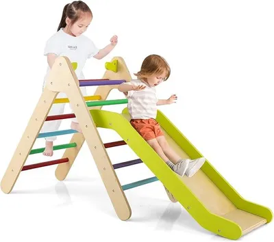 Produktbild von Kletterdreieck mit Rutsche, Klettergerüst aus Holz, Sprossendreieck zum Rutschen und Klettern, für Kinder ab 1 Jahre (Grün)
