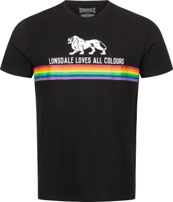 A black t-shirt with a rainbow stripe and a lion graphic.