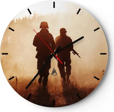 Produktbild von Wanduhr - Rund - Glasuhr - Soldat Gewehr - 30x30cm - Schleichendes Uhrwerk - Lautlos - zum Aufhängen bereit - Dekoration Modern - Wanddekoration aus Glas - C3AR30x30-4043