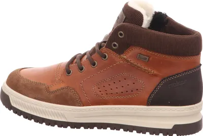 A side view of a brown leather bootie with white fur lining.