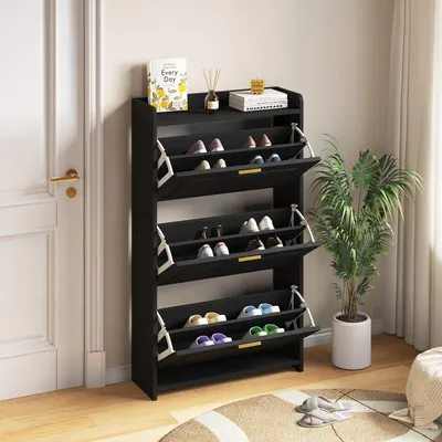 Produktbild von Schuhschrank - 70x24x120 cm, Schwarz - 6 Klappfächer und praktische Schublade - Kompaktes Design für Flur und Büro