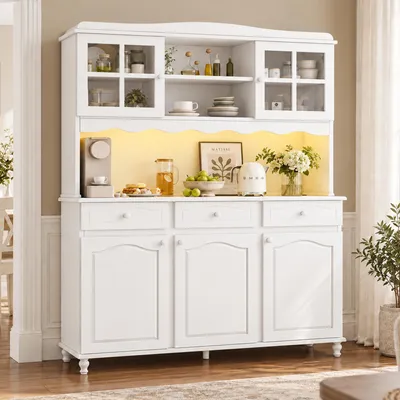 Image de Armoire de cuisine Flieks avec tiroirs, buffets avec éclairage LED et prises, meuble haut avec espace de rangement, 135 x 40 x 185 cm, blanc, en panneaux de particules