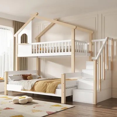 Obrázek produktu pro Postel na spaní dvou osob, 90/120×190 cm, s bezpečnostními zábradlími a schodištěm s úložným prostorem, dětská postel, bílá barva, bez matrace