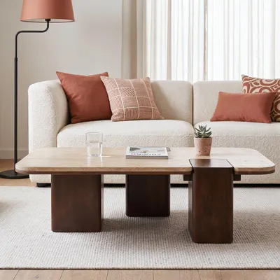 Produktbild von Couchtisch SURAT mit doppelter Tischplatte aus Mangoholz und Travertin, 100 x 27 x 60 cm, Braun/Beige - Moderner Wohnzimmertisch mit eingefasster Tischplatte Clubtisch, Coffee Table