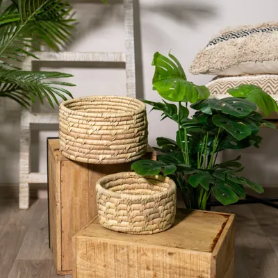 Produktbild von Rattan Korb Schale 2er Set - Ø 21 und Ø 25cm rund mit Einsatz Blumentopf geflochten Aufbewahrungskorb Übertopf Blumenkorb