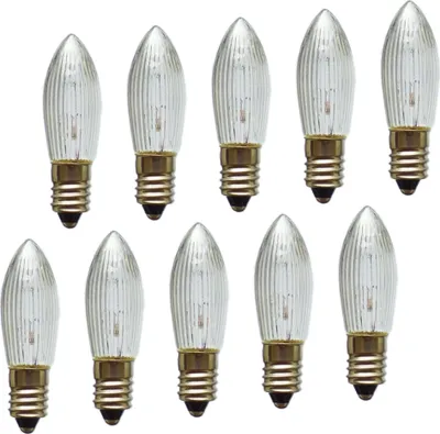 Produktbild von Erzgebirgslicht - AUSWAHL - 10x Topkerze Spitzkerze 24V 3W E10 für 10 Brennstellen Ersatzbirne Glühbirne Riffelkerze Glühlämpchen für Lichterketten und Schwibbogen (keine LED!)