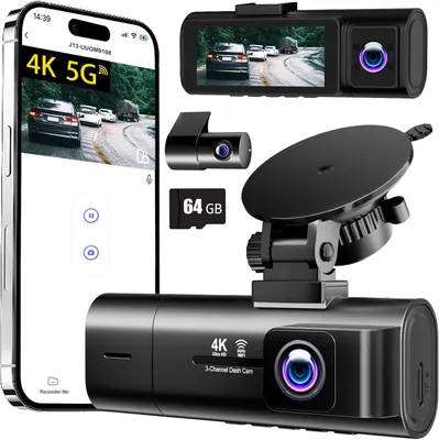 Immagine prodotto di Telecamera da cruscotto anteriore e posteriore per interni auto, telecamera da cruscotto tripla con 3 canali per auto, con Wi-Fi 5G e scheda SD da 64GB, telecamera per auto con triplo obiettivo 4K+1080P+1080P, schermo da 3,1 pollici