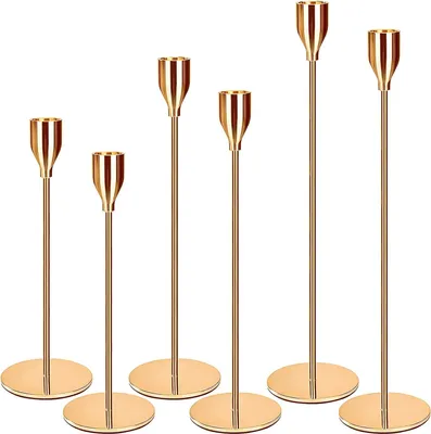 Produktbild von Goldene Kerzenständer Set von 6 - Hochzeitsdekoration - Hoher Kerzenständer - Vintage Dekoration - Kegelkerzenhalter
