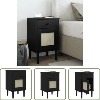 Produktbild von The Living Store Nachttisch SENJA Rattan-Look Schwarz 40x35x65 Massivholz Kiefer