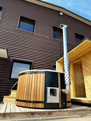 Produktbild von Badefass aus Thermoholz externer Holzofen Whirlpool für Garten und Erholung