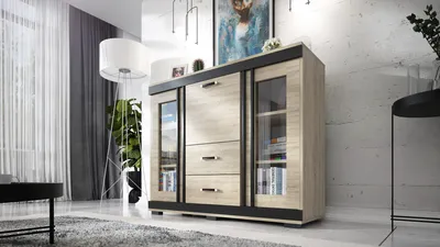 Produktbild von Kombikommode L13, 2 Vitrinentüren, 2 Schubkästen, Barschrank, B130xH106xT43 cm, komplett vormontiert - Sonoma Eiche