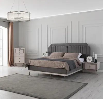 Produktbild von Graue Schlafzimmer Einrichtung Designer Textilbett 2x Holz Nachttische