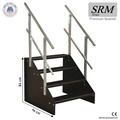 Immagine prodotto di scala a 4 gradini modello 1 scala in acciaio larghezza 100 cm altezza 84 cm completamente nera con ringhiera su entrambi i lati