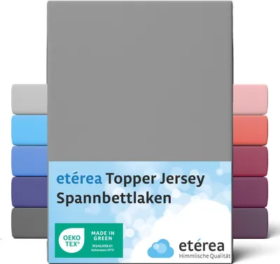 Produktbild von etérea Jersey Topper Spannbettlaken 140x200 - 160x200 cm Grau für 5 - 10 cm Steghöhe 100% Baumwolle -  Spannbetttuch Matratzen Bett Bezug - Bettlaken 140x200cm - 160x200cm Gray