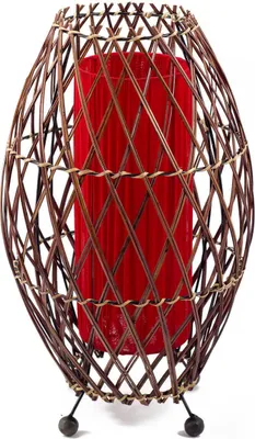Produktbild von Bali asiatische Lampe Deko-Leuchte aus Rattan & Stoff, Stimmungsleuchte Stehleuchte aus traditioneller Handarbeit Simandra 41x25 cm, rot