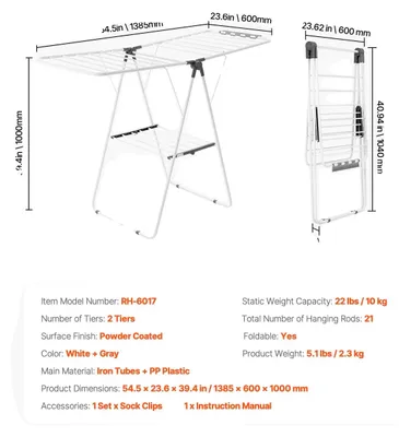 Image de Étagère à linge, réglable en hauteur, pliable, avec 21 étendoirs et 2 niveaux