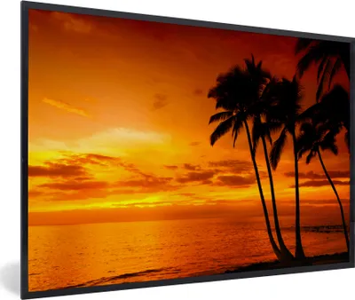 Produktbild von MuchoWow® Gerahmtes Poster Palme - Sonnenuntergang - Tropisch - Orange - Meer 90x60 cm - Poster mit Schwarzem Bilderrahmen Wandposter Rahmen Foto Bilder - Fotorahmen - Foto-Plakat