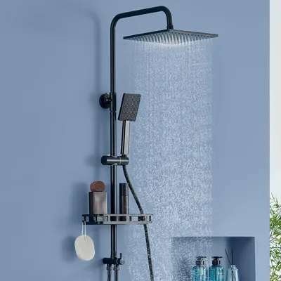 Produktbild von Regendusche – Duschset – Kopfbrause – Handbrause – Schwarzes Duschset – Edelstahl-Duschstange
