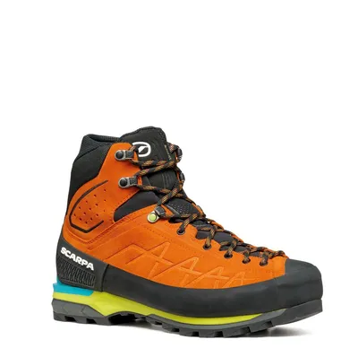 Zodiac Tech GTX Mountain Elite Bergschuh für Herren von Scarpa in Orange und Schwarz mit grünem Sohlenbereich.