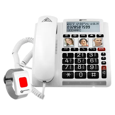 A white Geemarc amplified telephone with a wired handset and an SOS wristband remote.
