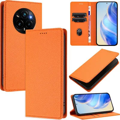 Immagine prodotto di Custodia in pelle per Realme 14 Pro+, pelle Litschi, custodia a portafoglio con slot per carte e supporto Arancione