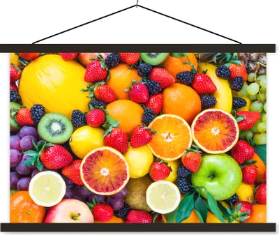 Produktbild von MuchoWow® Textilposter Apfel - Weintrauben - Obst 60x40 cm mit schwarzem Rahmen - Hölzernes