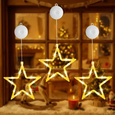 3 LED-Sterne, Weihnachtsdeko, 10 LEDs, warmweiß, Timer, Fenster