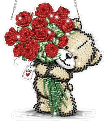 Immagine prodotto di Set per creare un ciondolo a forma di orso con rose rosse, tecnica del diamond painting 5D. Decorazione pensile per adulti