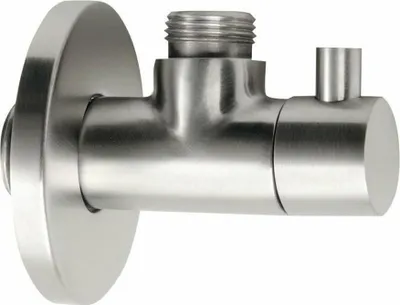 A close-up studio shot of a brushed stainless steel angle valve with a rosette.