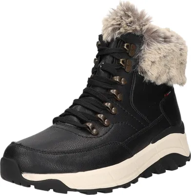 A single black winter boot with fur trim is shown against a white background.