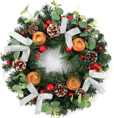 Obrázok produktu pre Vianočný adventný veniec, 30 cm, adventný svietnik, umelý vianočný veniec so stuhou a šiškami, ako adventná dekorácia na stôl, sviatočné Vianoce