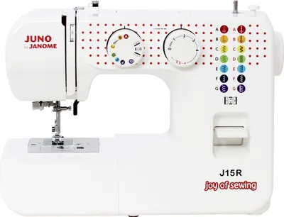 A white Juno by Janome J15R sewing machine is shown from a front-side angle against a white background.
