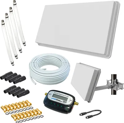Produktbild von Selfsat H30D4+ Flachantenne Quad + 50m Kabel + Fensterhalterung + SAT-Finder + 4 Fensterdurchführung + 16 F-Stecker + 8 Wetterschutztüllen (Full HD 4K UHD Sat Anlage für 4 Teilnehmer) netshop 25 Set