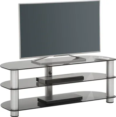 Produktbild von TV-Rack "1645" aus Metall / ESG-Sicherheitsglas in Metall Alu - Rauchglas mit 3 Einlegeböden. Abmessungen (BxHxT) 120x44x42 cm