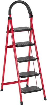 Productafbeelding van Opklapbare trap, trap met leuning, 5 treden - antislip, gemakkelijk op te bergen, brede treden, geschikt voor keuken, huishouden en wonen, draagvermogen tot 150 kg (rood, 5 treden)