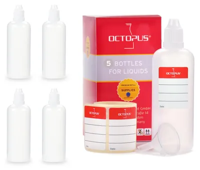Obrázok produktu pre 5 plastových fliaš 100 ml LDPE, G14, kvapkadlo, biely viečko, 1 mini lievik