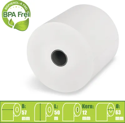 Produktbild von 10 x Thermorollen 57mm x 50m x 12mm Kassenrollen Bonrollen BPA frei Ø63mm